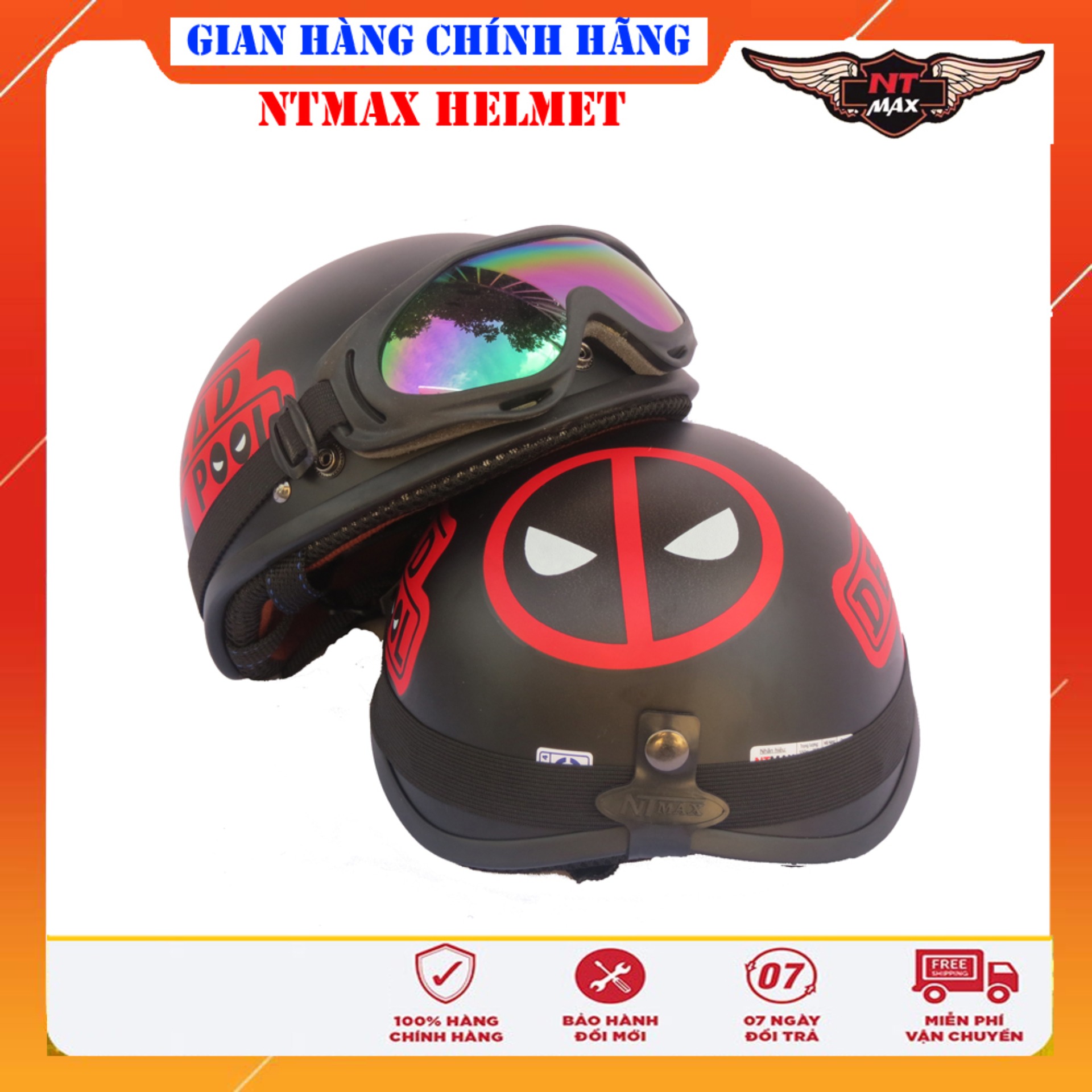 Mũ bảo hiểm ntmax 1/2 deapool kính phi công hoặc uv400