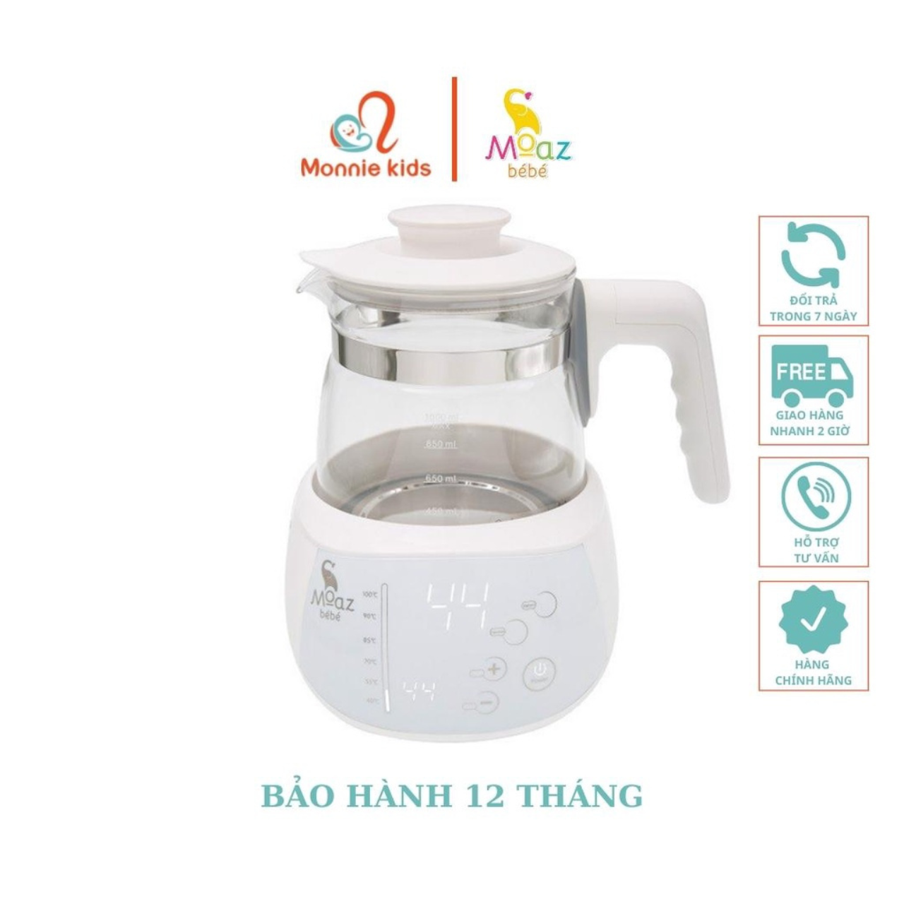 Bình đun nước pha sữa moaz bébé mb002, 1l pha sữa / trà / cafe, khử clo, duy trì nhiệt độ 24h
