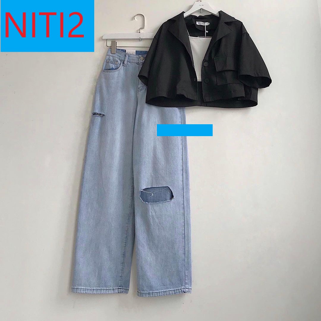 [ RẠNG NỨT ] QUẦN JEAN ỐNG RỘNG NỮ LƯNG CAO RÁCH BE PHẢI CAO CHỮ NHẬT GỐI TRÁI MÀU XANH NHẠT LAI CUỐN CAO CẤP NITI2 ĐỦ SIZE S, M, L SIÊU LẠ