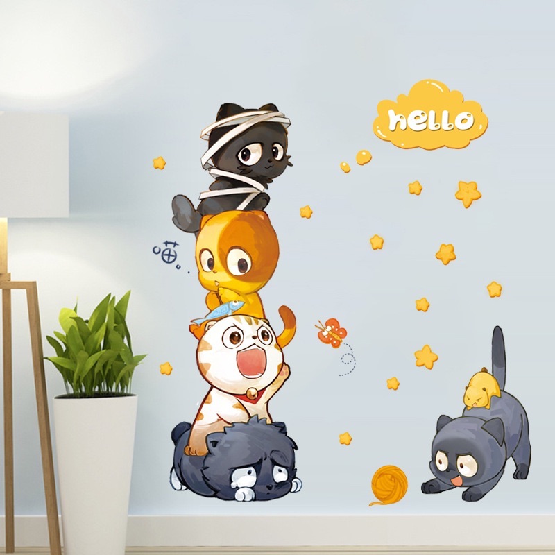 Decal tranh dán tường mèo đen tinh nghịch