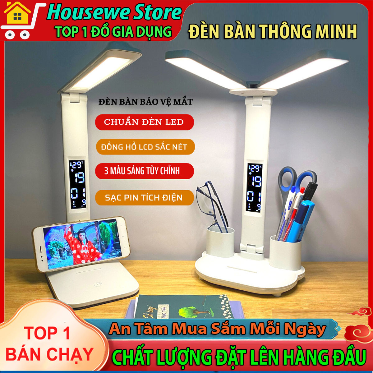 Đèn bàn học chống cận tích điện sạc usb, đèn học để bàn 3 chế độ sáng, đèn học gấp gọn có đồng hồ màn hình led cao cấp, đèn học để bàn thông minh, đèn học để bàn chống cận thị, đèn để bàn học không dây
