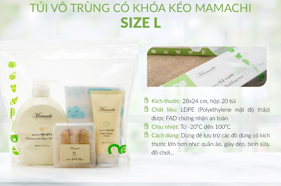 Túi vô trùng có khóa kéo Mamachi size L, hệ thống lưu trữ văn minh với khả năng kháng khuẩn cùng khóa kéo an toàn