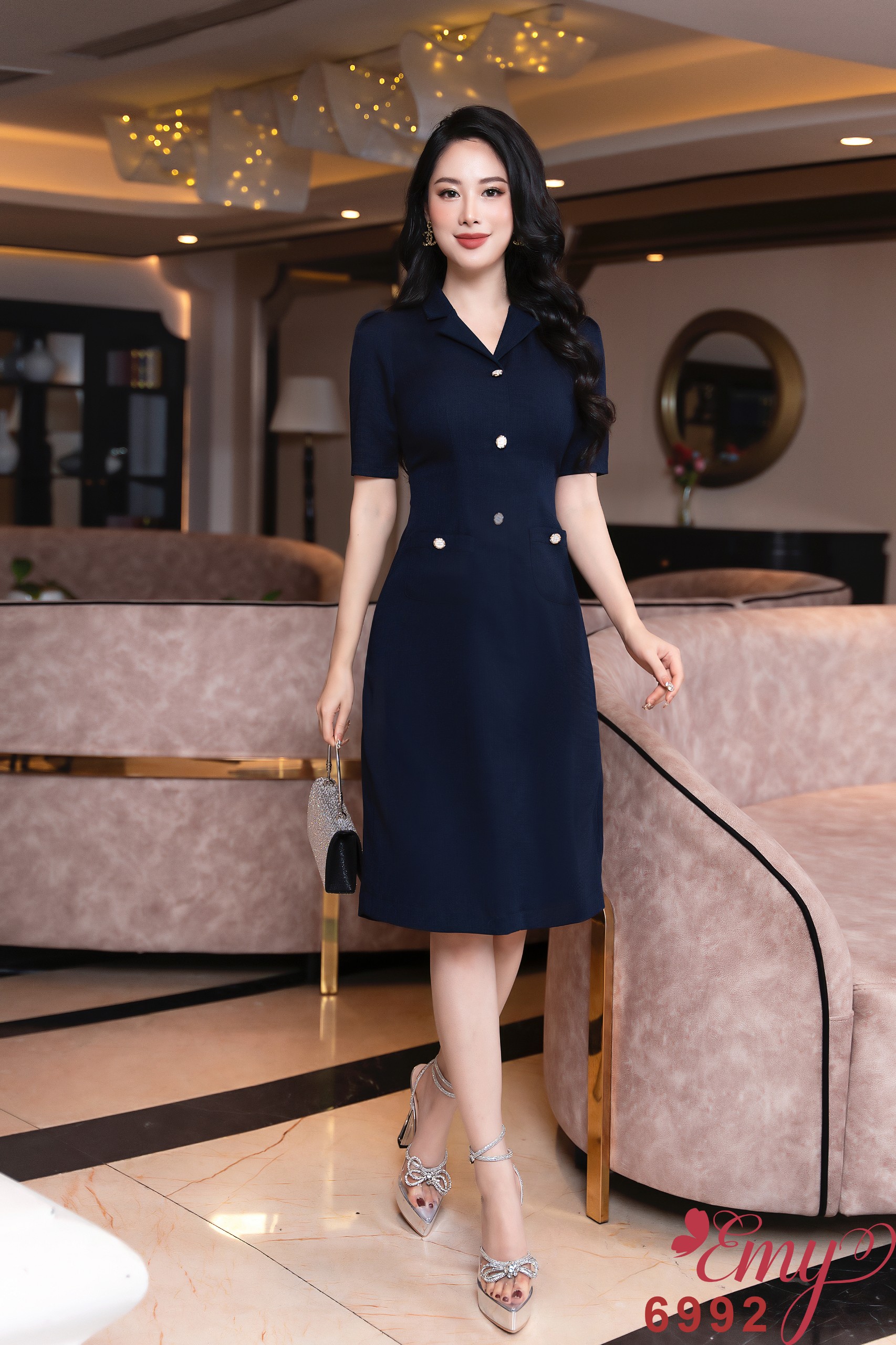 Đầm emy em6992 xoè a cổ danton xanh đen