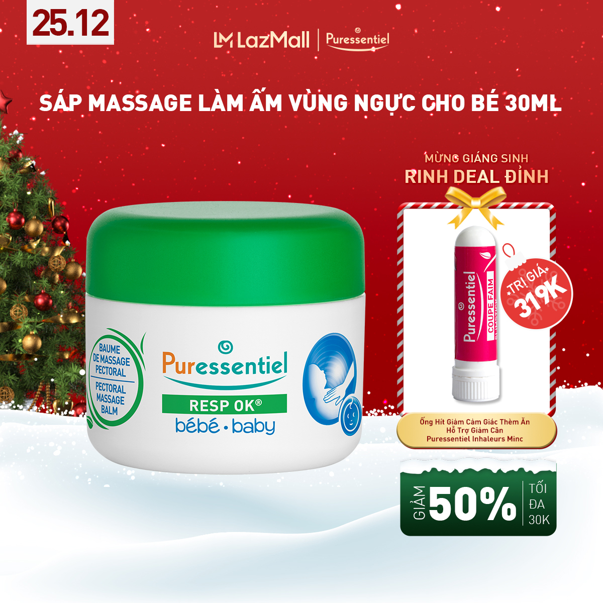 [DATE 7.2023] Sáp Massage làm ấm vùng ngực cho bé Puressentiel Respiratory RESP OK Pectoral Massage Balm Baby 30 ml