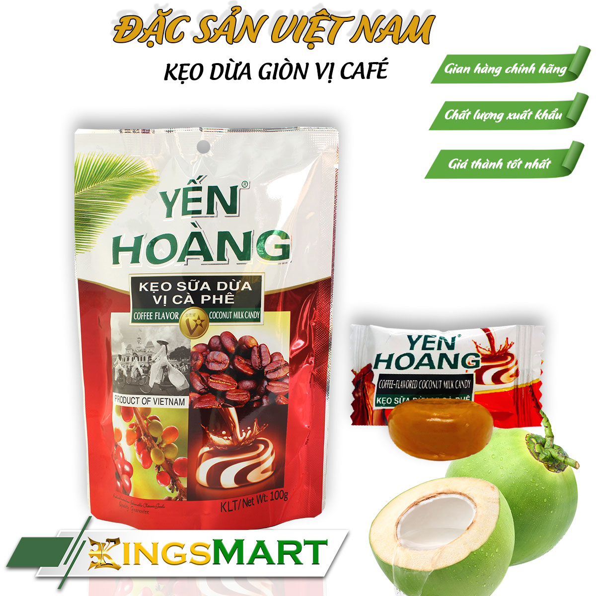 Kẹo dừa giòn vị café - Thương hiệu Yến Hoàng - Đặc sản Bến Tre - Túi 100g - Kingsmart