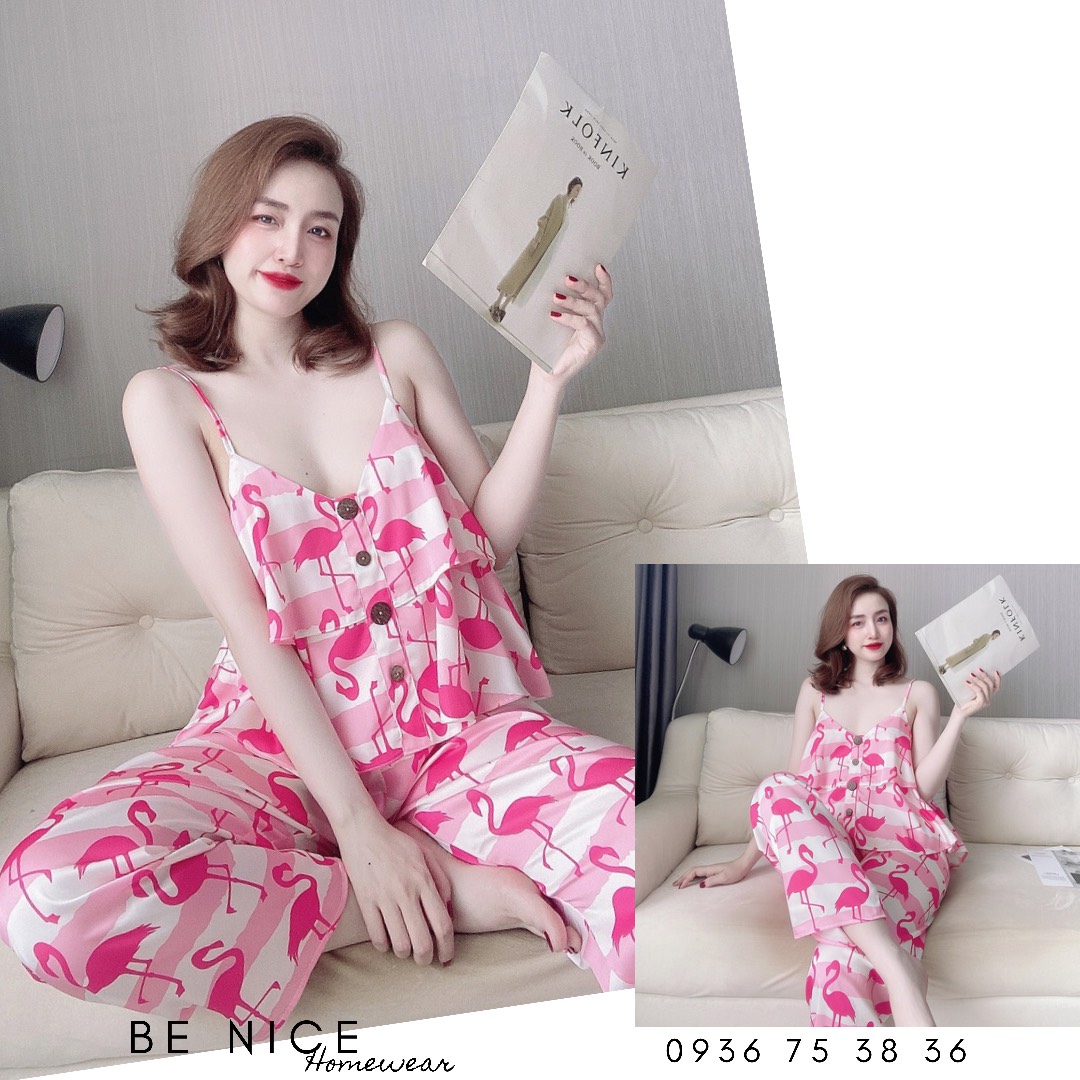 Set lụa dài dây tầng mặc nhà phối nút gỗ cho nàng nhà Be Nice Homewear