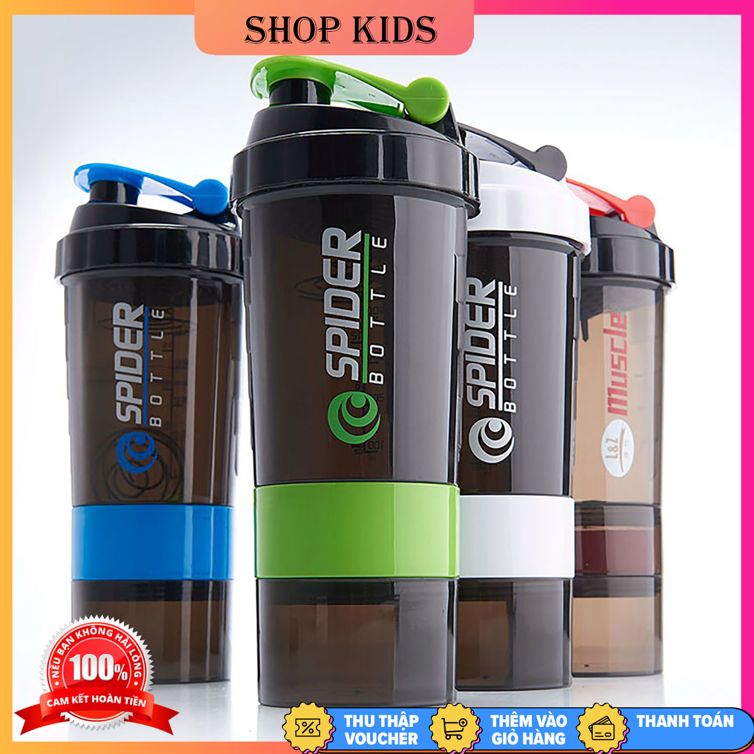 Bình nước spider - bình nước tập gym 3 ngăn 650ml