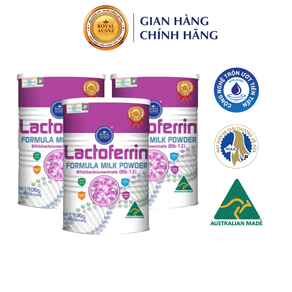 Combo 3 Hộp Sữa Bột ROYAL AUSNZ Lactoferrin Formula Milk BB-12 Tăng Cường Sức Đề Kháng Cho Trẻ 100g/hộp