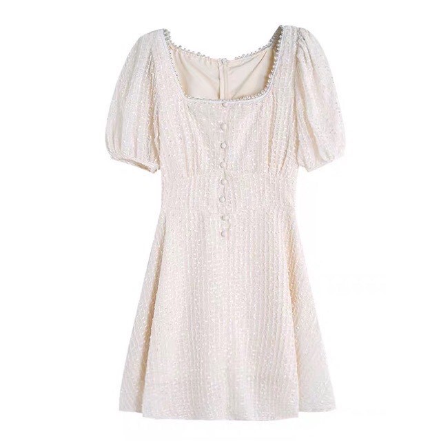 Váy/đầm tiểu thư trắng sữa cổ vuông đính hạt ngọc vintage