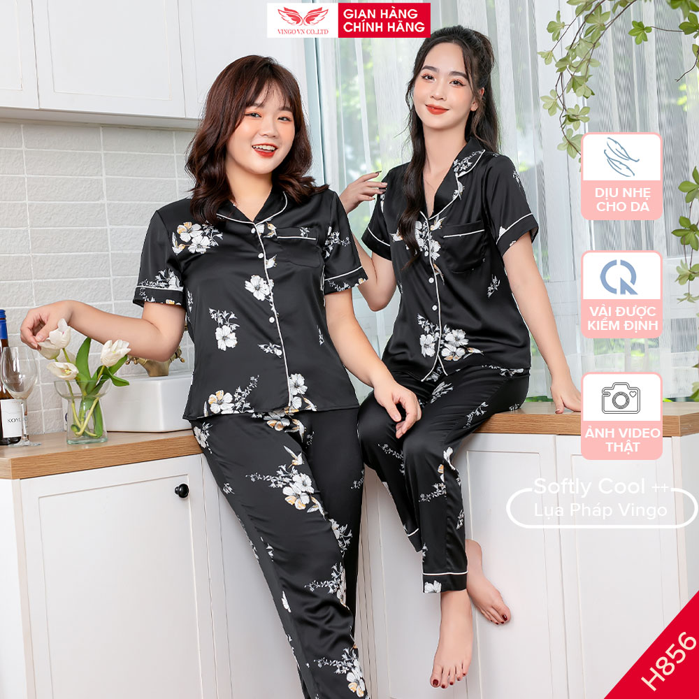 Đồ bộ nữ pijama mặc nhà lụa cao cấp mùa hè Vingo tay ngắn quần dài màu đen màu đen hoạ tiết màu trắng trung niên TCQD H856 VNGO