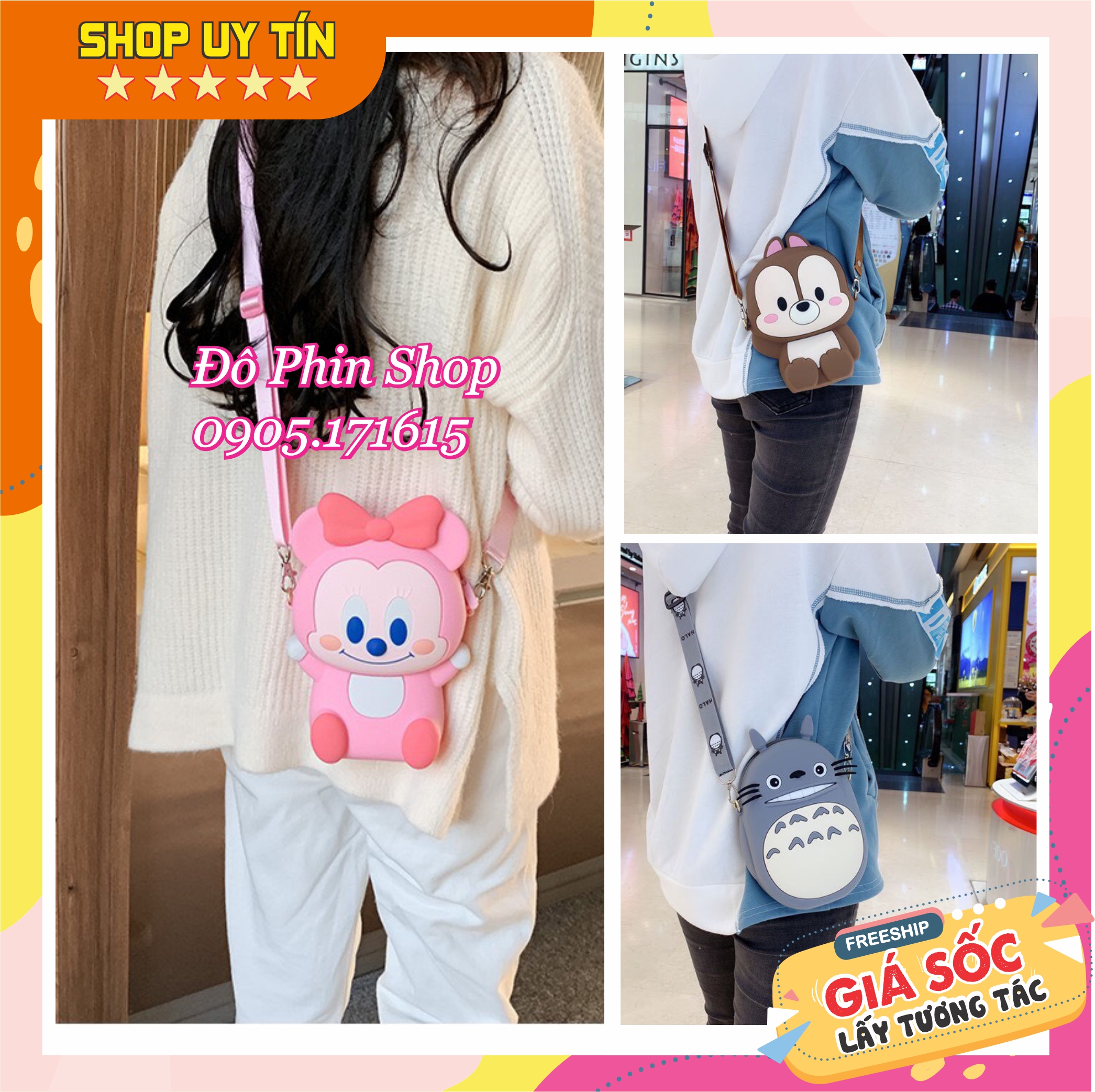 Túi xách đeo chéo silicon thời trang hình mickey totoro sóc chip dale đựng điện thoại, mỹ phẩm, phong bao bì lì xì