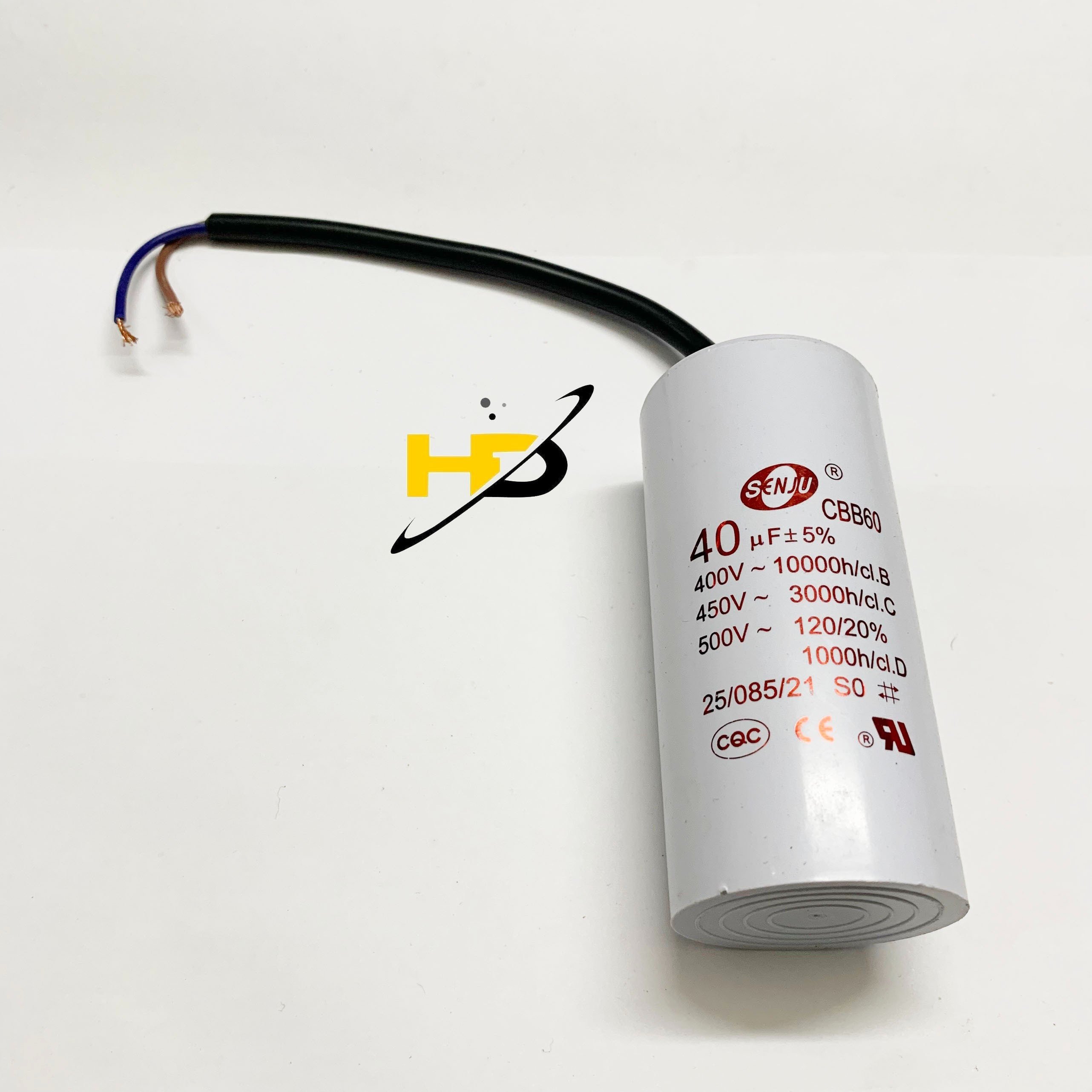 Tụ cbb60 40uf 450v 50 ~ 60hz vỏ nhựa màu trắng có dây nối chính hãng senju