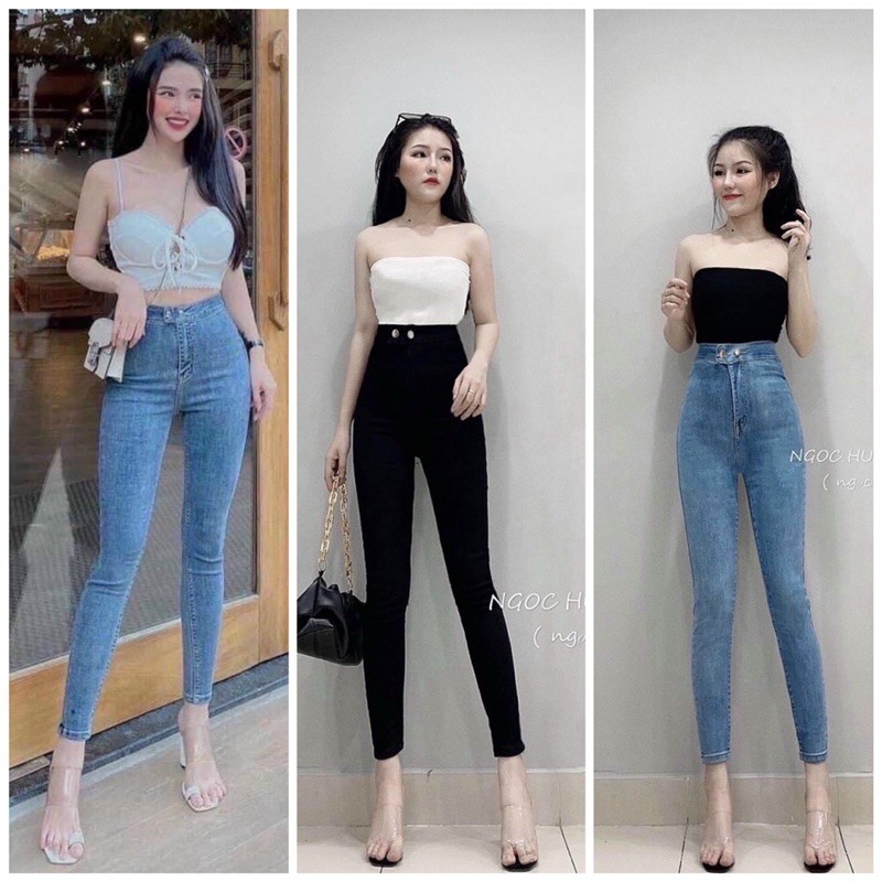 Quần jeans dài 2 nút trơn mã 02 ôm body lưng siêu cao