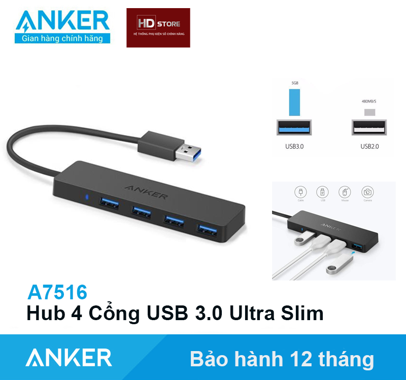 Bộ chia cổng Hub Anker USB ra 4 Cổng USB 3.0 Ultra Slim - A7516 cho Máy Tính Laptop Macbook Air Pro Tốc độ cao Siêu Mỏng Nhẹ