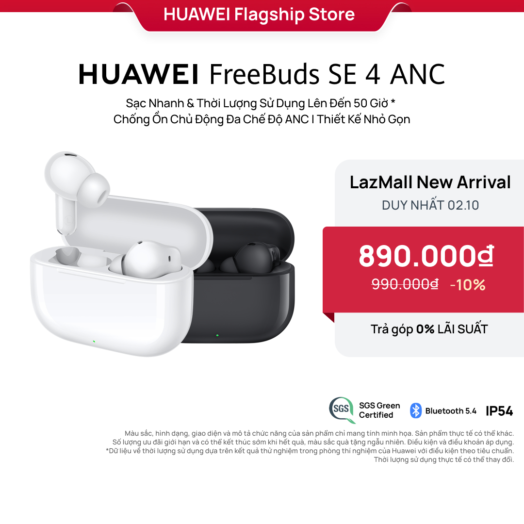 Tai Nghe Bluetooth HUAWEI FreeBuds SE 4 ANC | Sạc Nhanh & Thời Lượng Sử Dụng Lên Đến 50 Giờ | Chống Ồn Chủ Động Đa Chế Độ ANC | Thiết Kế Nhỏ Gọn