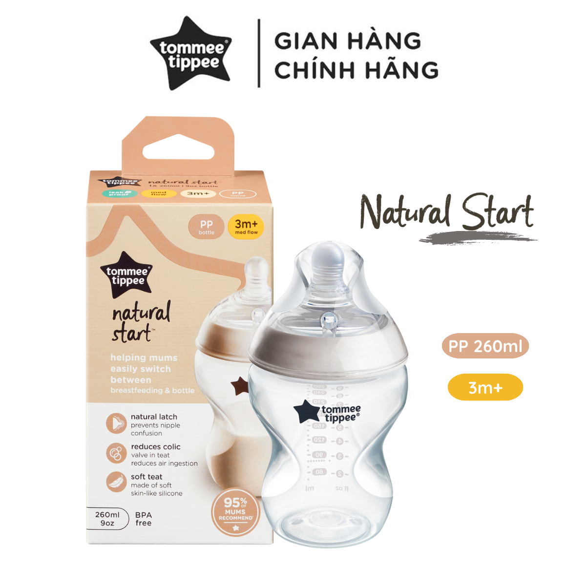 Bình Sữa Ty Siêu Mềm Tự Nhiên Tommee Tippee Natural Start 260ml, Núm Ty Của Bình 3-6 Tháng