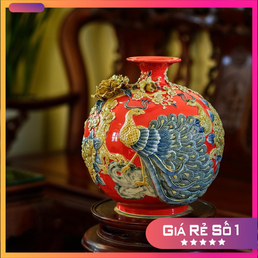 [GIÀU SANG] Bình hút lộc, bình tài lộc CÔNG ĐÀO gốm sứ bát tràng CAO CẤP đỏ cao 22cm