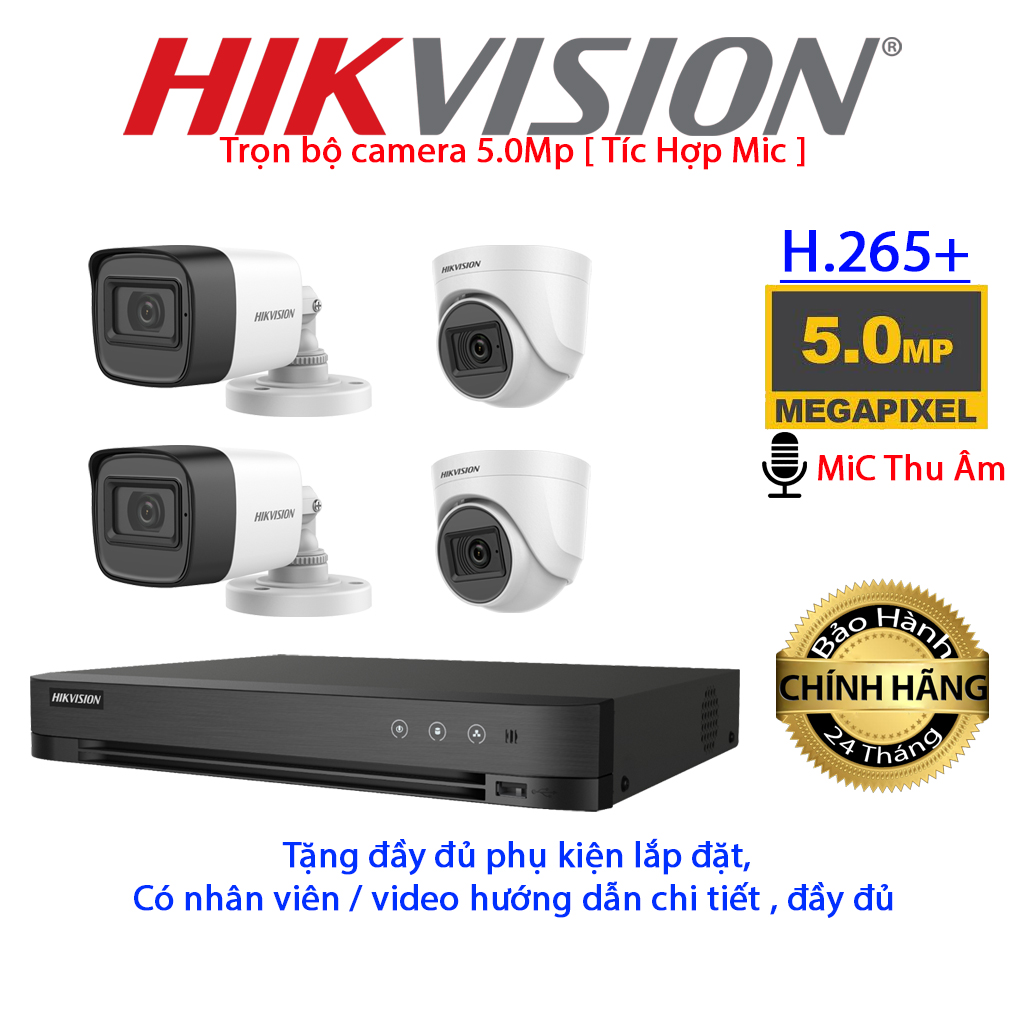 Trọn bộ camera 5mp hikvision 4 mắt ,tích hợp mic thu âm, hàng chính hãng - full phụ kiện