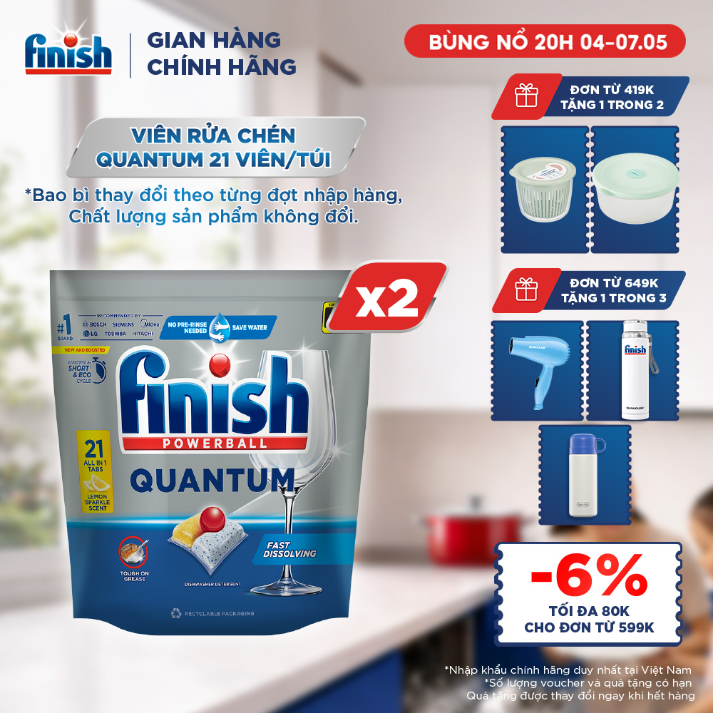 Combo 2 Gói Viên Rửa Chén Bát Finish Powerball Quantum 21 viên
