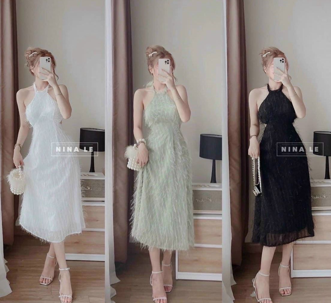 Đầm cổ yếm hở lưng chất voan lông thỏ thời trang cực sang chảnh