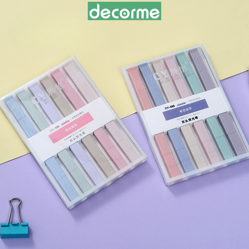 Set 6 bút highlight Morandi vuông 2 đầu DecorMe Bút nhớ dòng bút đánh dấu nhiều màu pastel trang trí sổ bullet journal