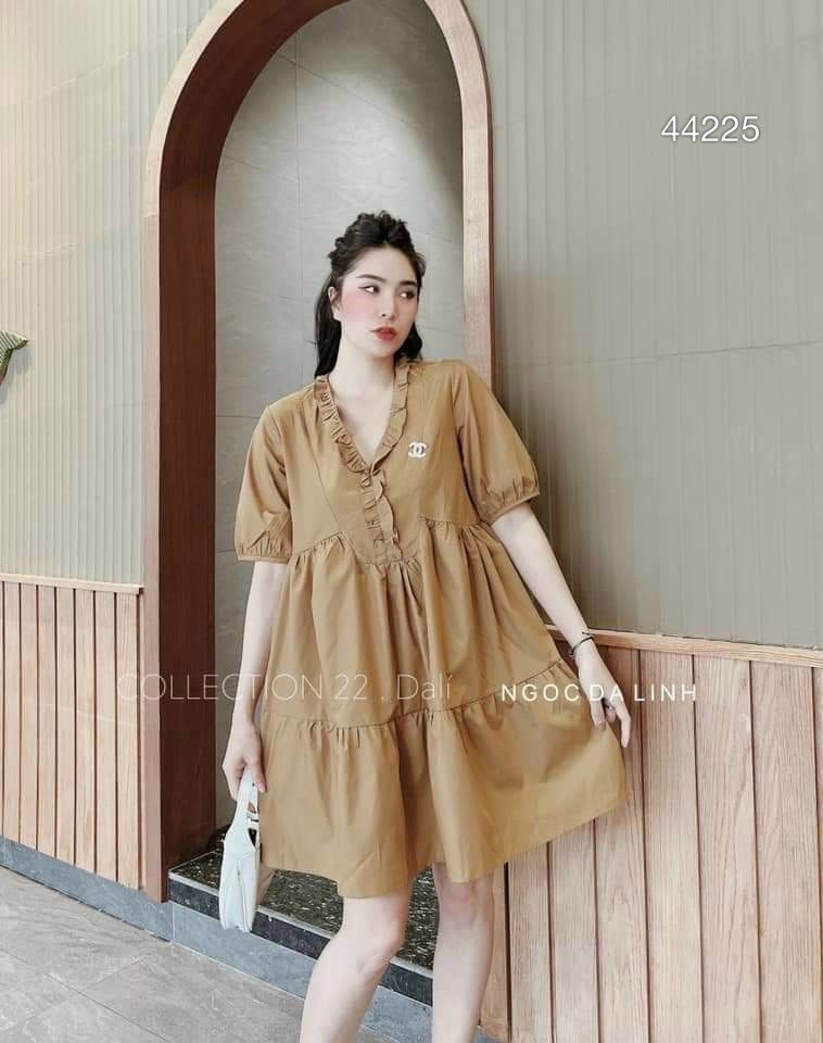 Đầm Lụa Thời Trang Nữ Màu Nâu Và Màu Trắng Babydoll Đính Chnell Tay Phồng