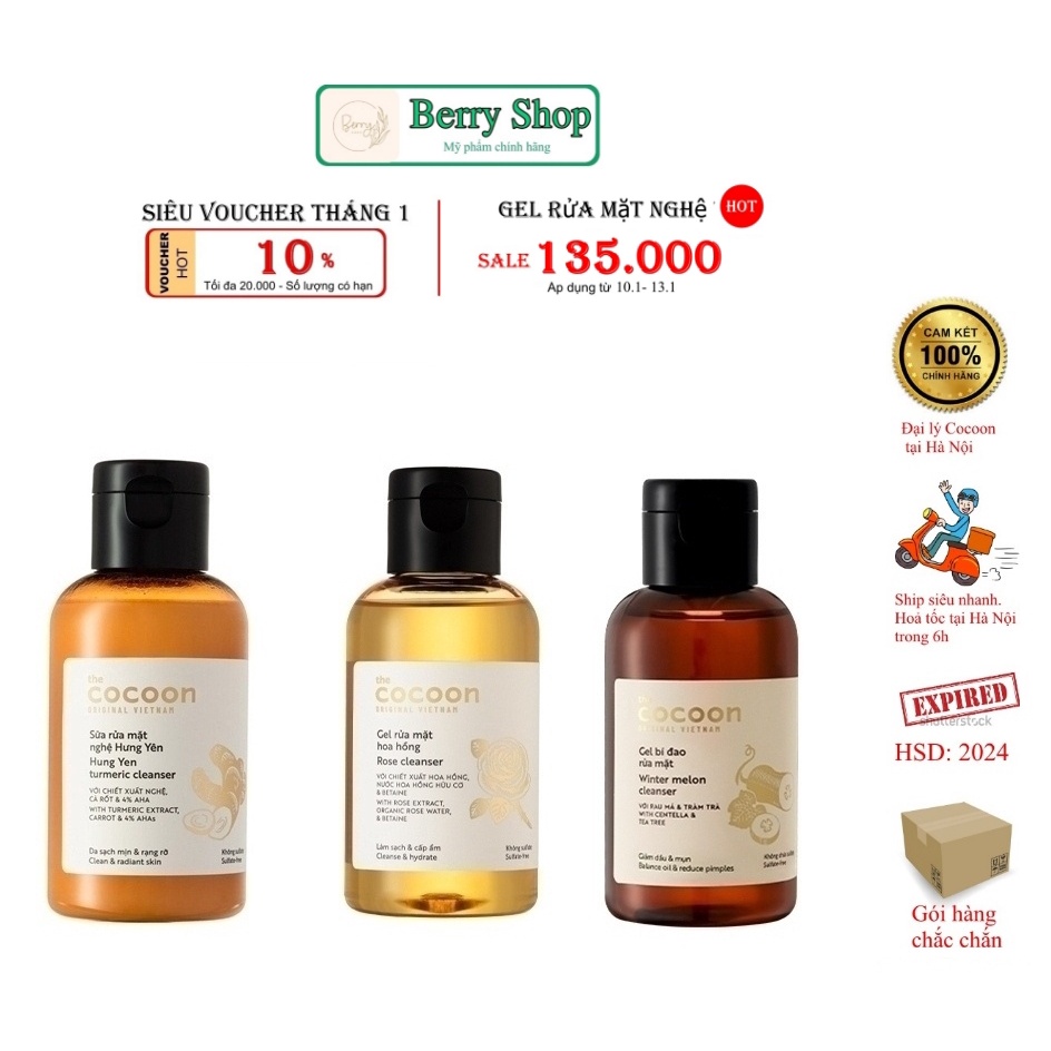 Sữa rửa mặt Cocoon: gel bí đao & sữa rửa mặt nghệ & gel hoa hồng Cocoon 140ml - 310ml