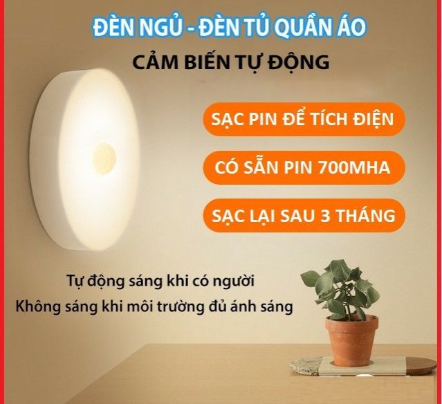 Đèn Led cảm biến chuyển động ban đêm Sạc USB Đèn Cảm Biến Đèn Led Tròn Cảm Ứng Chuyển Động Dán Tường Tủ Quần Áo Đèn Dán Cầu Thang Bộ