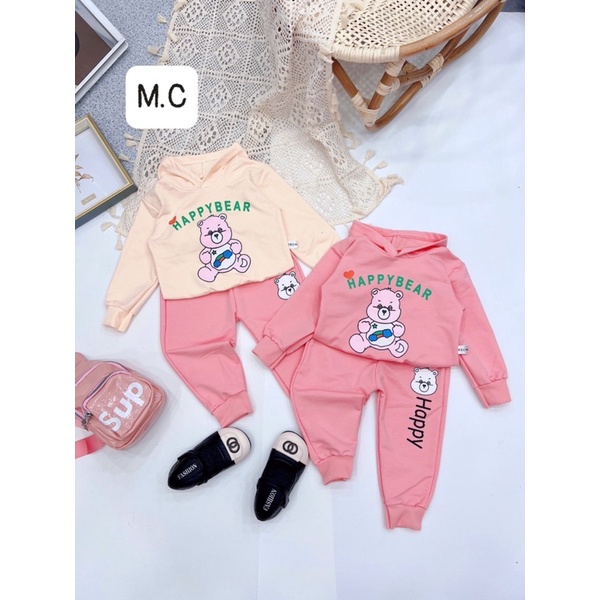 Bộ quần áo bé gái chất đẹp mịn, in hình gấu xinh xắn kèm mũ, đồ bộ cho bé gái 3 tuổi, đồ bộ bé trai bé gái dài tay thu đông, bộ quần áo bé trai bé gái từ 8- 20 kg, đồ bộ cho bé gái, đồ bộ cho bé trai