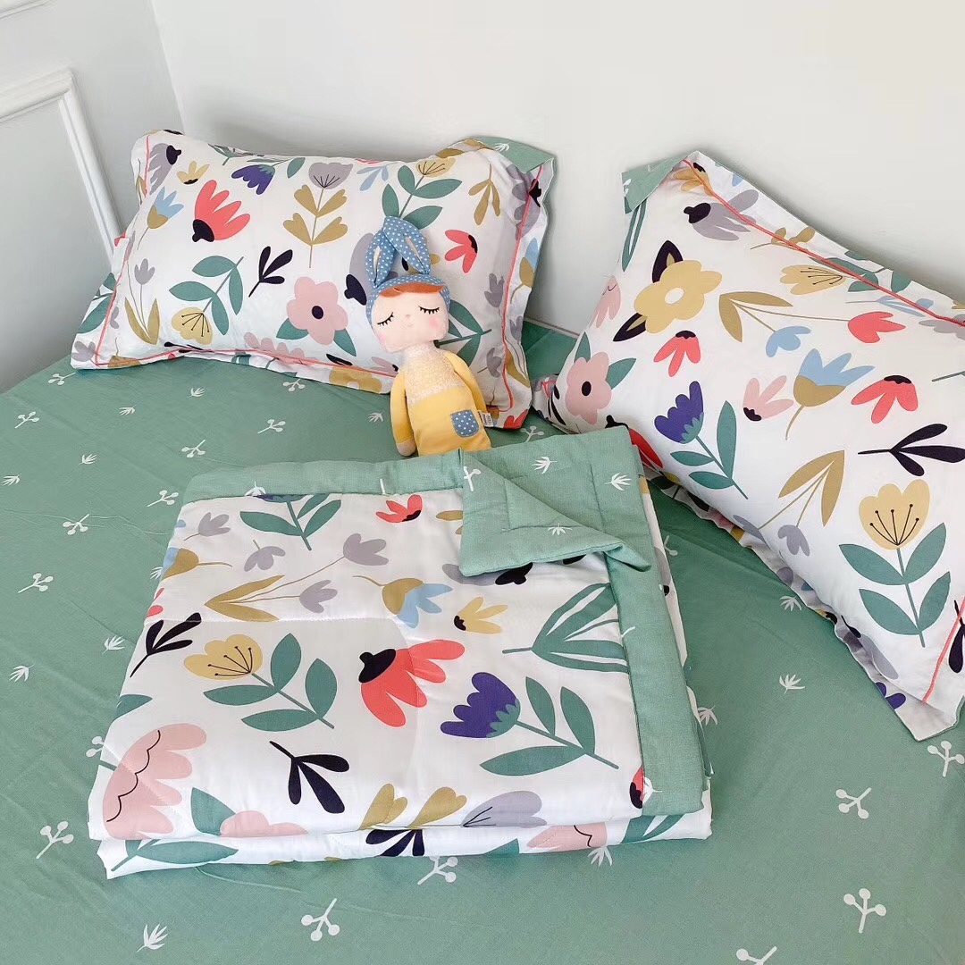 Bộ Chăn Ga Gối  hình lá xanh 100% Cotton Organic theo phong cách hàn quốc