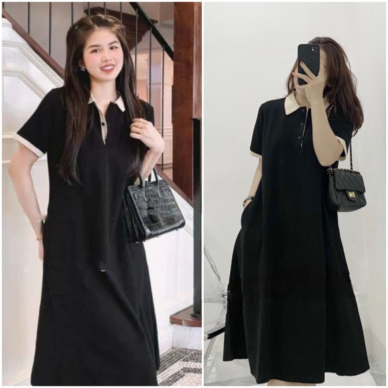 Váy polo suông đen phối cổ màu be, đầm bầu cộc tay xinh xắn