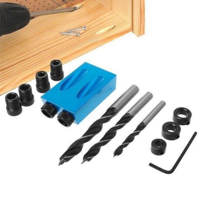 Cữ khoan mini làm nghề mộc nội thất tủ cửa kèm 3 mũi khoan lỗ gỗ