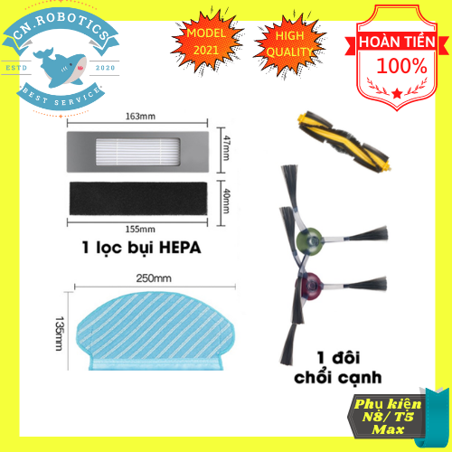 Các món phụ kiện khăn - chổi - tấm lọc bụi của robot hút bụi lau nhà Ecovacs Deebot T5 Max | T5 Hero | Deebot N8 chính hãng