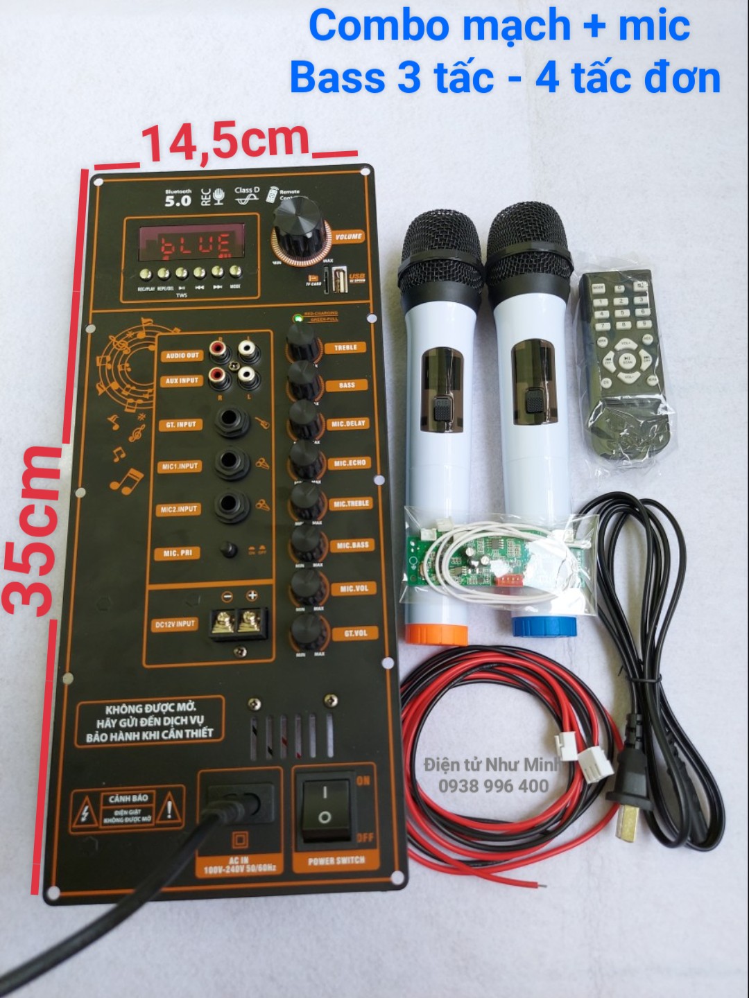 Mạch Loa kéo dùng cho thùng loa bass 40 - 30 - 20 kèm Mic không dây S1 - Kích thước 14,5cm x 35cm