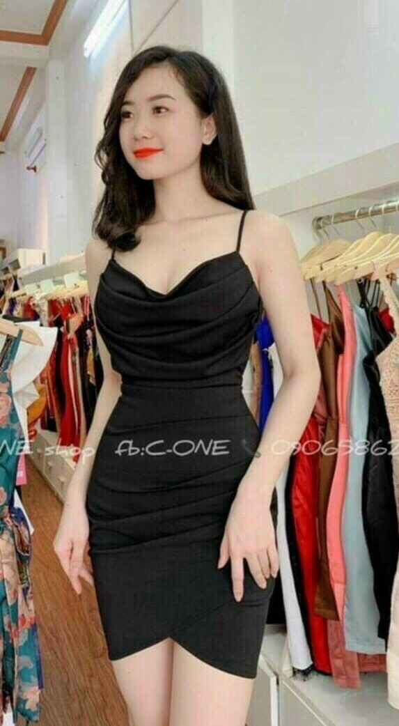 Đầm cổ đổ xếp ly hai dây xịn sò có mút bốn màu be đỏ trắng và đen