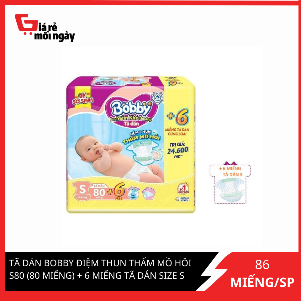 Tã Dán Bobby Điệm Thun Thấm Mồ Hôi S80 (80 Miếng) + 6 Miếng Tã Dán Size S