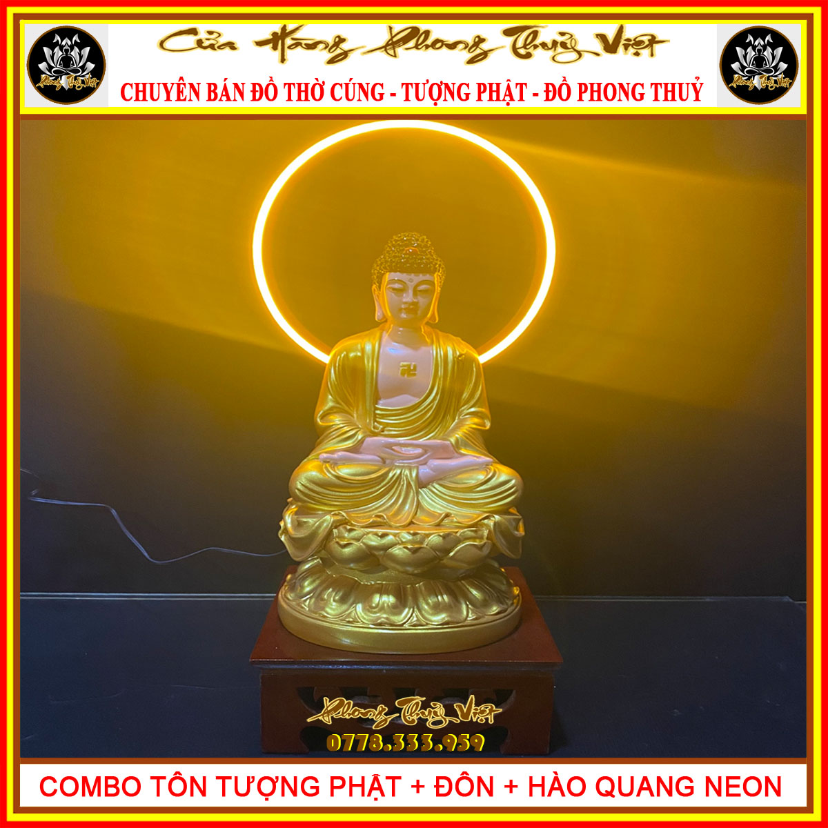 Combo tượng phật 30cm + hào quang neon + đôn