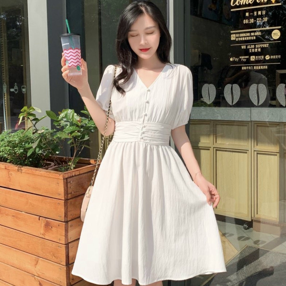 [HCM]Đầm Xòe Cổ V Nút Bọc Chít Eo 2 Màu  - DX0063