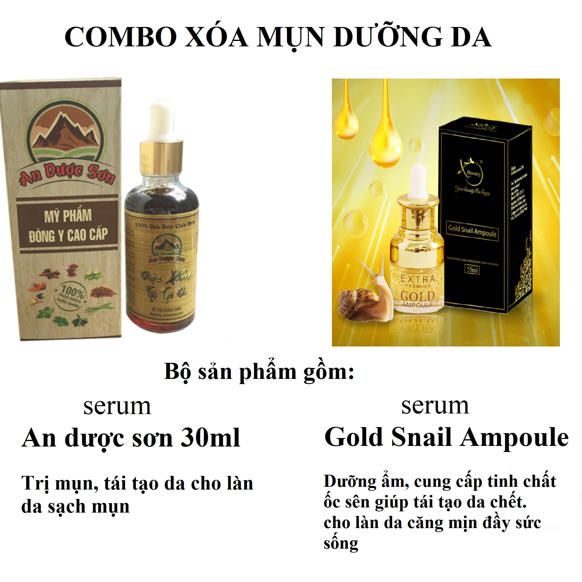 Combo 1 Bộ Serum An Dược Sơn đánh bay mụn thâm sẹo rỗ 30ml + 1 Serum dưỡng đẹp mịn da Ốc Sên Gold Snail Ampoule 20ml