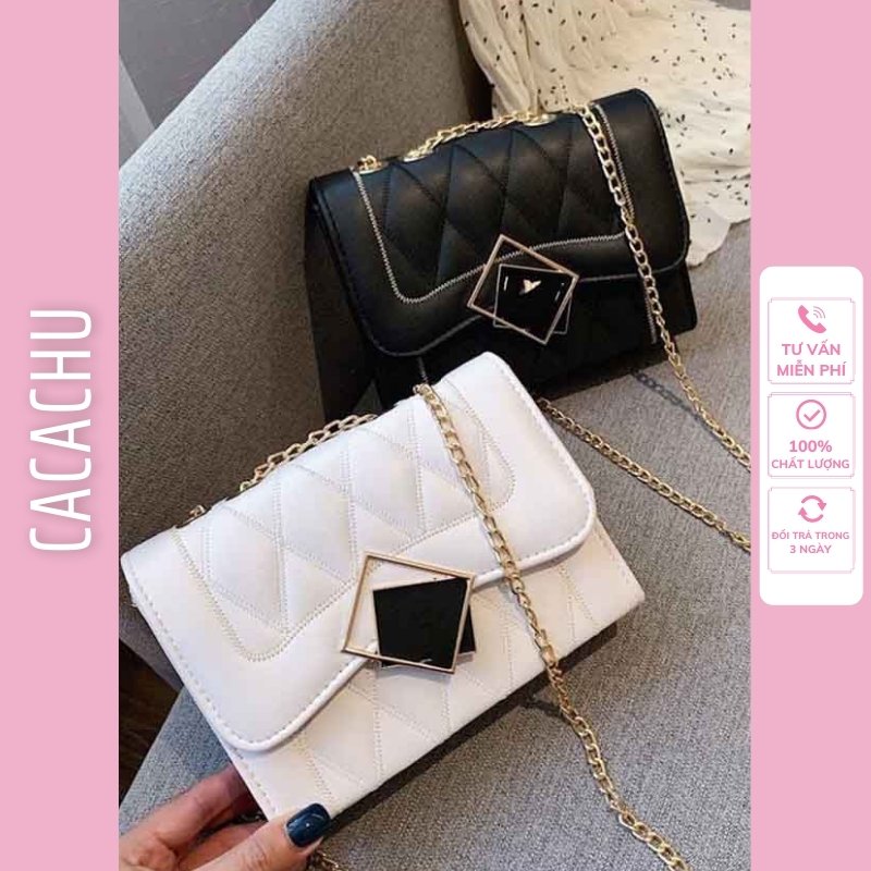 [CÓ VIDEO+ẢNH THẬT] Túi Xách Nữ Họa Tiết Hình Thoi Nắp Gương Sang Chảnh, Túi Đeo Chéo Nữ Thời Trang Giá Rẻ (Màu đen, Màu trắng)