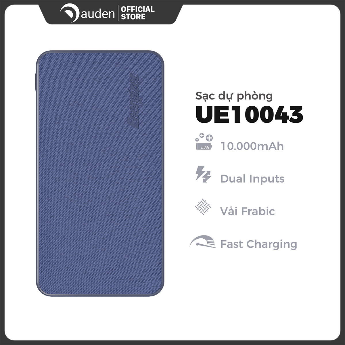 Sạc dự phòng Energizer UE10043 10,000mAh hỗ trợ sạc nhanh, thiết kế bọc vải fabric thời trang chống bám vân tay - Dâu Đen Store