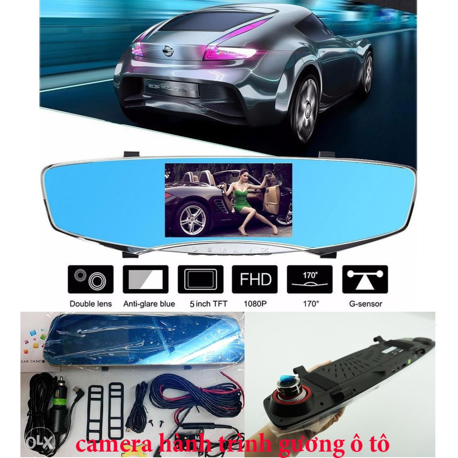 Camera hành trình xe hơi ô tô tích hợp gương và cam lùi camera hành trình anyteck t2 full hd 1080p màn hình rộng 5 inch tích hợp 2 camera trước, sau xe full hd