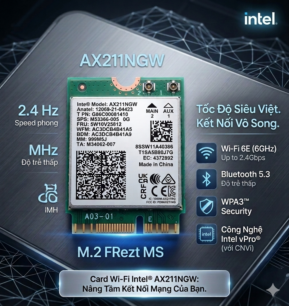 Card wifi 6E Intel AX211 CNVio2 (Yêu cầu CPU Intel thế hệ 10 trở lên) - kiểm tra laptop, main PC có hỗ trợ trước khi mua - Không tương thích với CPU AMD