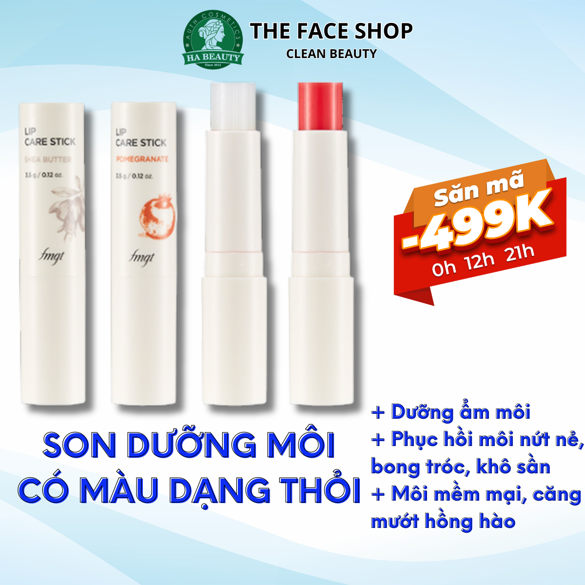 Son dưỡng môi dạng thỏi có màu dưỡng ẩm môi mềm mịn căng mướt The Face Shop fmgt Lip Care Stick 3.5g