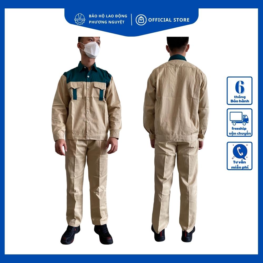 Quần áo bảo hộ lao động be vàng phối xanh két quần áo kỹ sư vải kaki may kĩ đẹp bền bỉ thoáng mát khi sử dụng