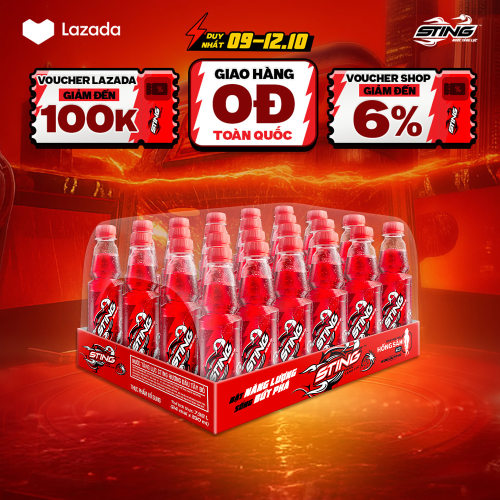 [SALE 10.10-VC ĐẾN 12%] Thùng 24 Chai Nước Tăng Lực Sting Dâu (330ml/chai)
