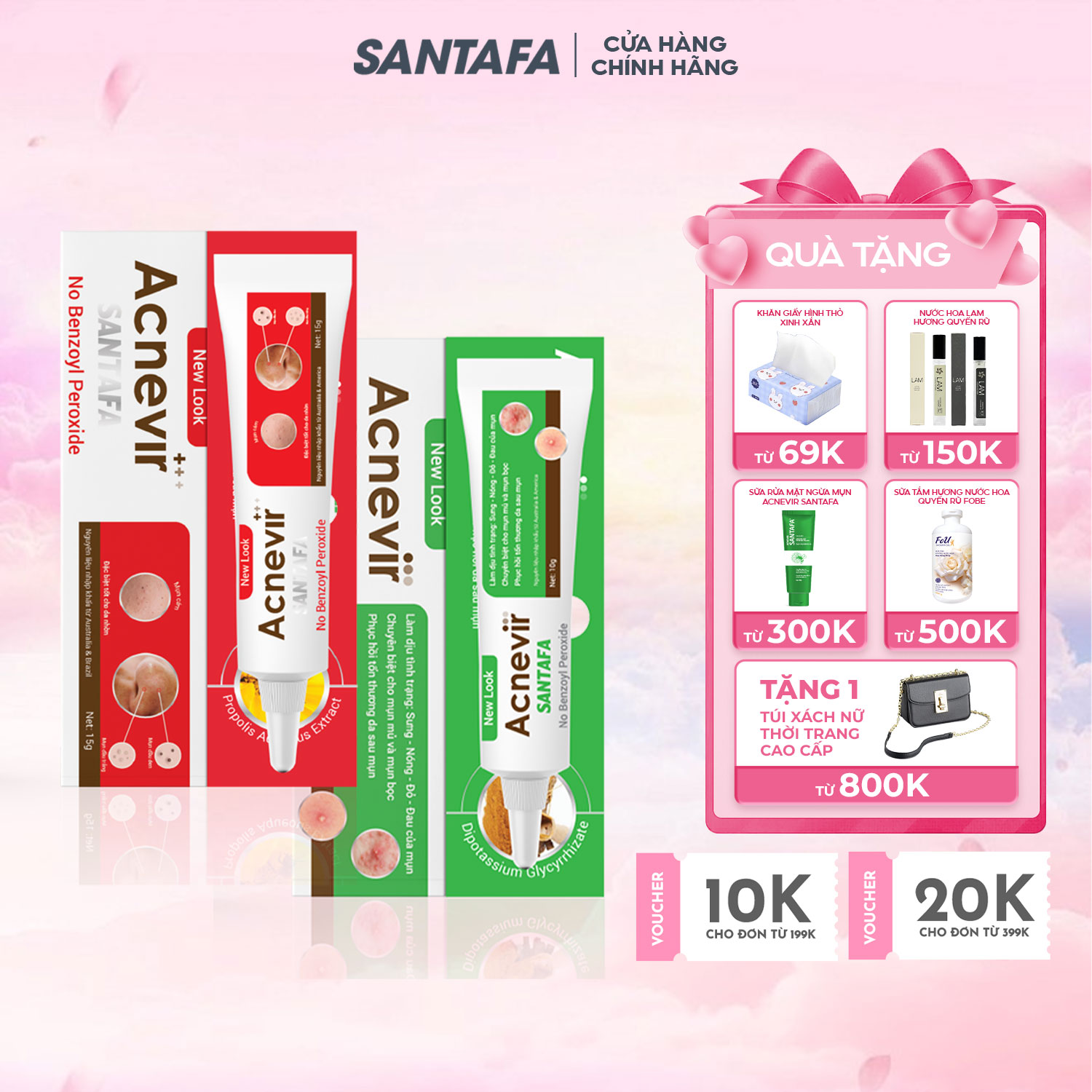 Bộ kem giảm mụn mủ, trứng cá, mụn bọc cho nam và nữ, an toàn cho mọi loại da, đạt chuẩn GMP Acnevir Santafa tuýp 15g