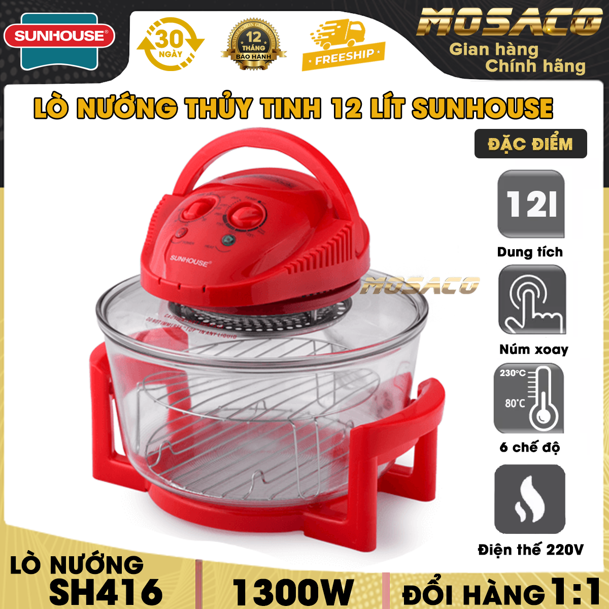 Lò nướng thủy tinh 12 lít sunhouse sh416 đỏ, công suất 1300 w. lò nướng điện đa năng, nướng bằng thanh nhiệt 3 chế độ, thiết kế nắp an toàn lò nướng thủy tinh giá đỡ và tự ngắt điện khi mở nắp - mosaco gia dụng
