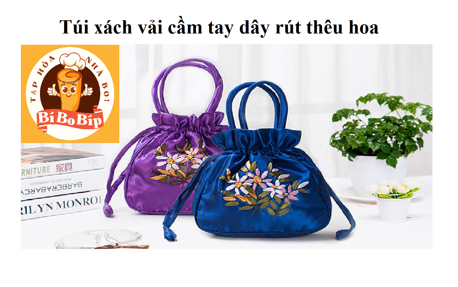 Handbag (Available) Handmade Floral Embroidery with Drawstring, Luxurious Women's Bag Made of 2-Layer Silk Fabric