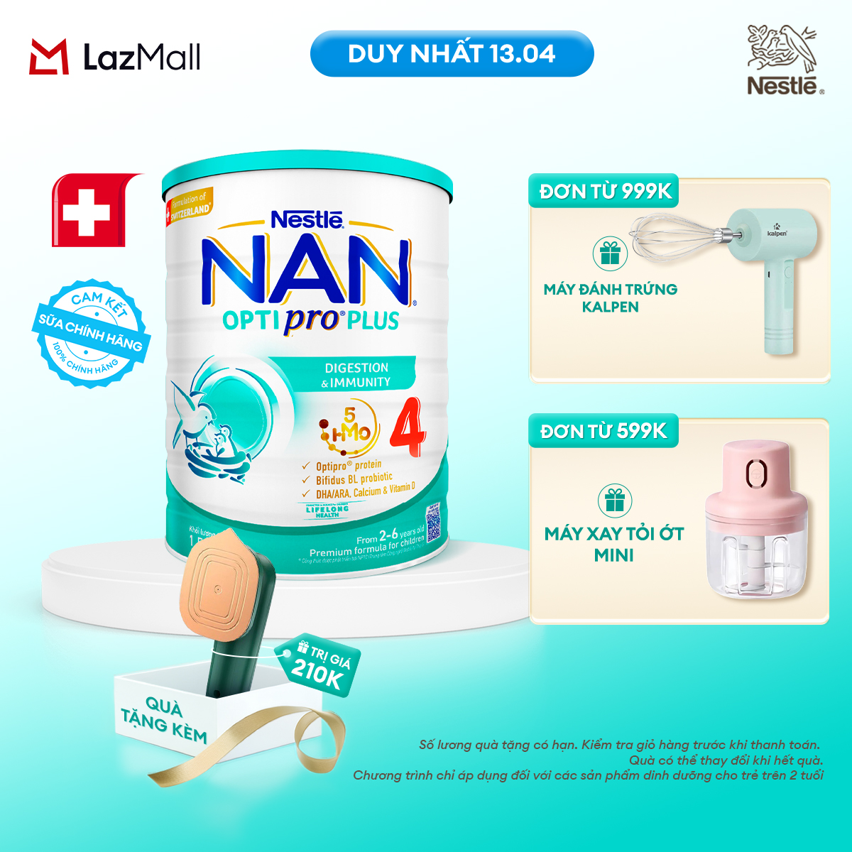 [CHỈ 13.04 QT Đơn 599K/999K] [Tặng bàn ủi hơi nước cầm tay] Lon Sữa bột Nestlé NAN OPTIPRO PLUS 4 với 5HMO xuất xứ Thụy Sĩ - Hộp 1500g cho bé từ 2 - 6 tuổi - Sữa công thức dinh dưỡng cho trẻ giúp hỗ trợ tiêu hóa, đề kháng, trí não